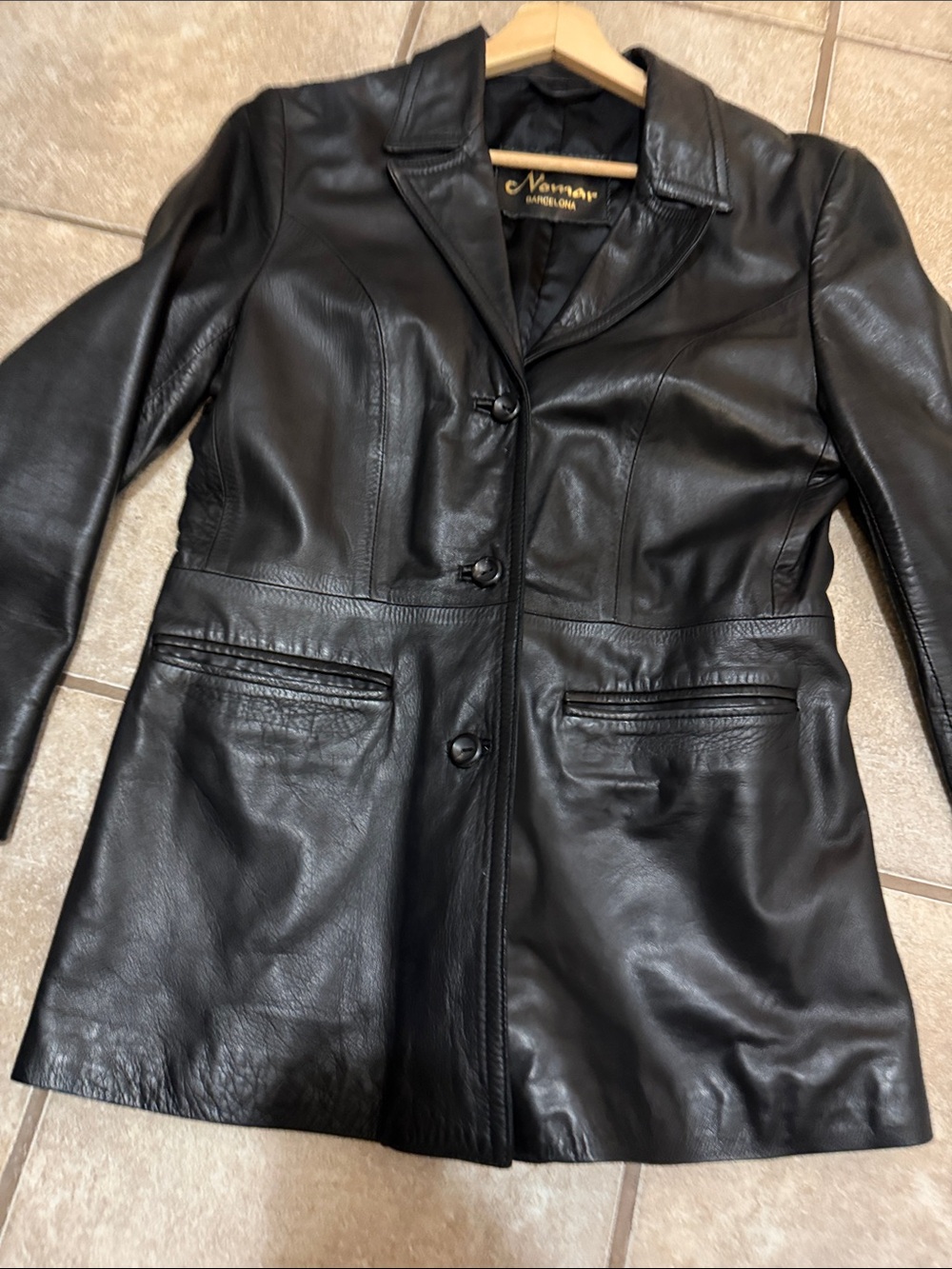 Vintage Nano Black Leather Button-Front Women's Blazer Jacket